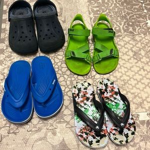 4 pairs of boy’s shoes size 3, black flip flop size 2